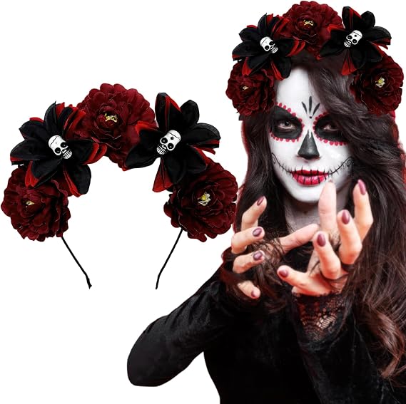 AUOCATTAIL Halloween Skull Flower Headband Mexican Rose Floral Crown Gothic Day of the Dead Headpiece for Women Cosplay Party - sugar skull costume