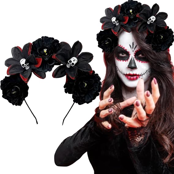 AUOCATTAIL Halloween Skull Flower Headband Mexican Rose Floral Crown Gothic Day of the Dead Headpiece for Women Cosplay Party - skull headband