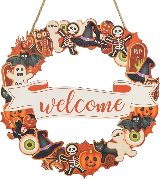 Halloween Wooden Wreath,Welcome Hanging Sign Decorations,Ghost Pumpkin Skull Wood Wreath for Front Door, Halloween Vintage Rustic Door Sign for Indoor Outdoor Decoration - skull wreath