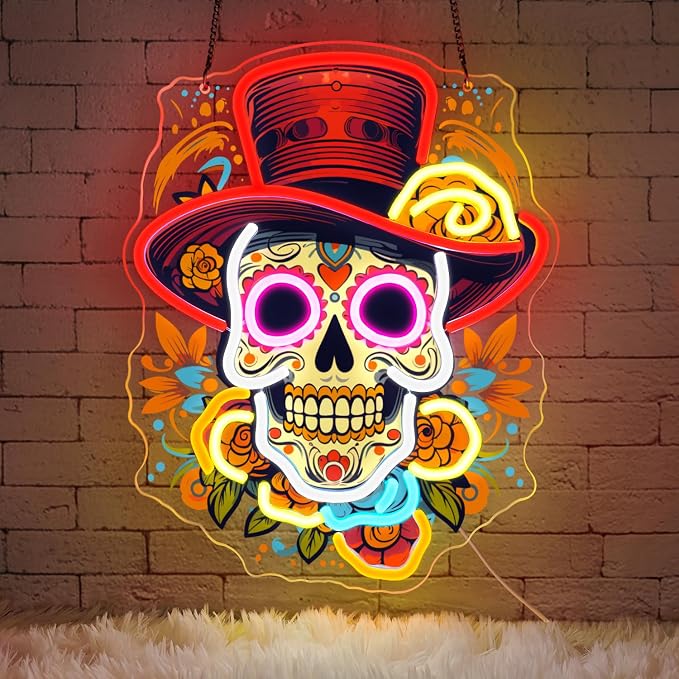 Dia De Los Muertos Decorations,Mexican Sugar Skull Neon Sign - skull candle