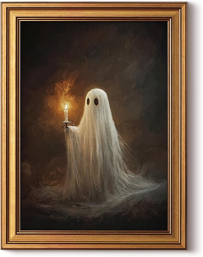 WHASAYART Gold Framed Canvas Wall Art, Halloween Ghost Candle, 12×16 Inch