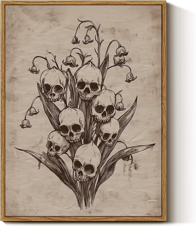 InSimSea Framed Gothic Wall Art Vintage Decor, Skull Flowers Print, 12x16In - skull painting