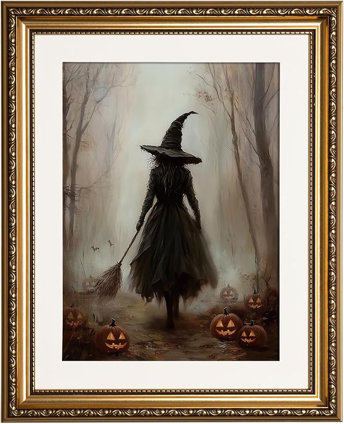 InSimSea Gold Framed Canvas Art Prints, Halloween Witch Picture, 13x16in - skull wall art
