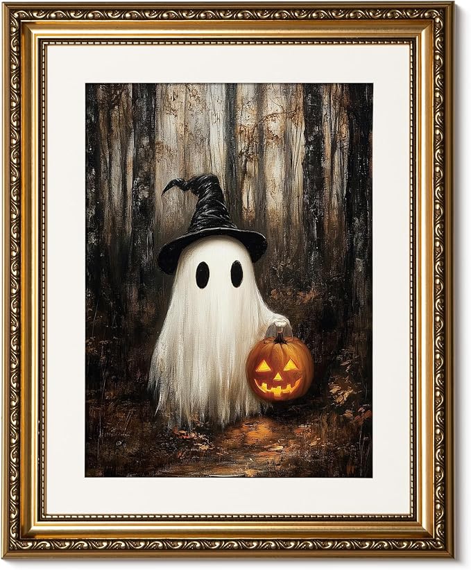ARPEOTCY Gold Framed Canvas Art Prints, Vintage Halloween Decor, 13x16inch, Cute Ghost Pumpkin Decor for Bedroom Kitchen Living Room Shelf Nursery, Dark Academia Gothic Pictures - skull wall art