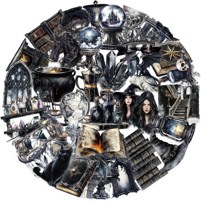 50pcs Transparent Vintage Witchy Stickers for Kids,Dark Witchy Magic Sticker Waterproof PET Stickers for Scrapbook Journaling Photo Album Collage Card Gothic Aesthetics Sticker for Teens and Adults - skull sticker