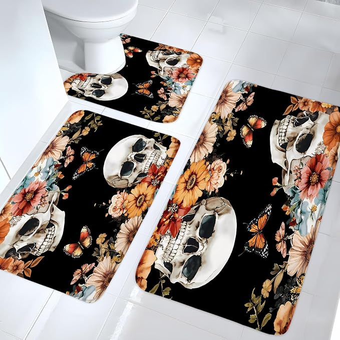 Skull Floral Bath Mat Set 3 Piece Gothic Skeleton Flower Black Spooky Vintage Plant Botanical Leaf Butterfly Halloween Day of The Dead Bathroom Rug Soft Memory Foam and U-Shaped Mats - skull toilet mat