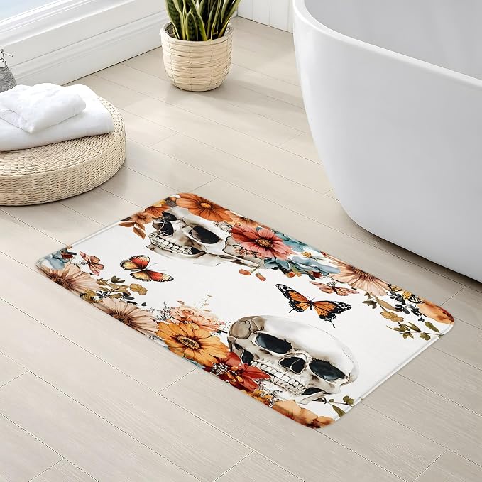 Skull Floral Bath Mat Gothic Skeleton Flower Rose Spooky Vintage Plant Botanical Leaf Butterfly Halloween Day of The Dead Bathroom Rug Bedroom Kitchen Toilet Floors - skull toilet mat
