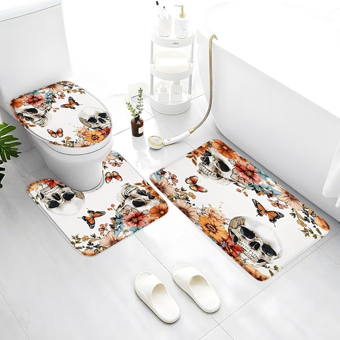 Skull Floral Bath Mat 3 Piece Gothic Skeleton Flower Rose Spooky Vintage Plant Botanical Leaf Butterfly Halloween Day of The Dead Bathroom Rug Set Tub Toilet Mats and U-Shaped Mat - skull toilet mat