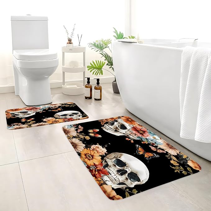 2Pcs Skull Floral Bath Mat Gothic Skeleton Flower Black Spooky Vintage Plant Botanical Leaf Butterfly Halloween Day of The Dead Bathroom Rug Bedroom Kitchen Toilet Floors 40X60+60X90 Inch - skull toilet mat