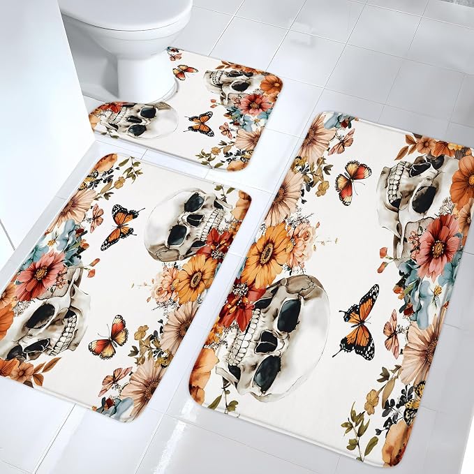 Skull Floral Bath Mat Set 3 Piece Gothic Skeleton Flower Rose Spooky Vintage Plant Botanical Leaf Butterfly Halloween Day of The Dead Bathroom Rug Soft Memory Foam and U-Shaped Mats - skull toilet mat