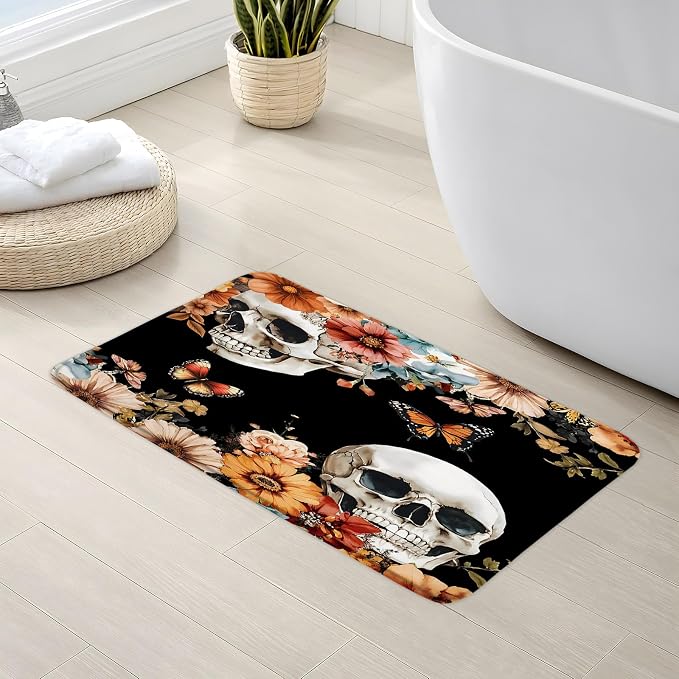 Skull Floral Bath Mat Gothic Skeleton Flower Black Spooky Vintage Plant Botanical Leaf Butterfly Halloween Day of The Dead Bathroom Rug Bedroom Kitchen Toilet Floors - skull toilet mat