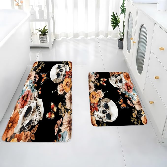 2Pcs Skull Floral Bath Mat Gothic Skeleton Flower Black Spooky Vintage Plant Botanical Leaf Butterfly Halloween Day of The Dead Bathroom Rug Bedroom Kitchen Toilet Floors 50X80+40X120 Inch - skull toilet mat