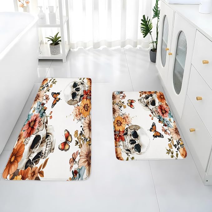 2Pcs Skull Floral Bath Mat Gothic Skeleton Flower Rose Spooky Vintage Plant Botanical Leaf Butterfly Halloween Day of The Dead Bathroom Rug Bedroom Kitchen Toilet Floors 50X80+40X120 Inch - skull toilet mat