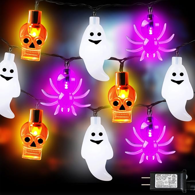 70 LED Halloween String Lights – 23ft Skull Ghost Spider String Light Plug in with Timer, Extendable, Waterproof, 8 Modes – Spooky Decor for Outdoor Yard Bedroom House Holiday Party Decorations