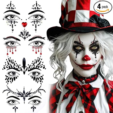 4 Pack Face Gems Jewels Tattoos for Halloween, Glitter Rhinestones Day of the Dead Skull Spider Web Clown Crystals Makeup Stickers for Women Halloween Festival Rave Party Outfit (Black Red) - skull sticker