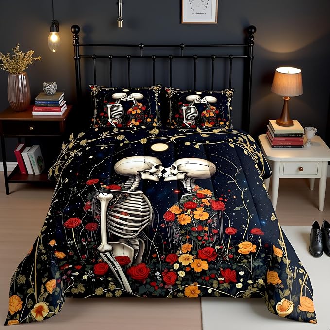 Manfei Skull Bedding Set King,Human Skeleton Couple Print Halloween Comforter Bed Set Boys Men Bedroom Decor,Romantic Rose Floral Quilt Set 3 PCS,Gothic Galaxy Starry Duvet Insert,2 Pillow Cases - skull bedding