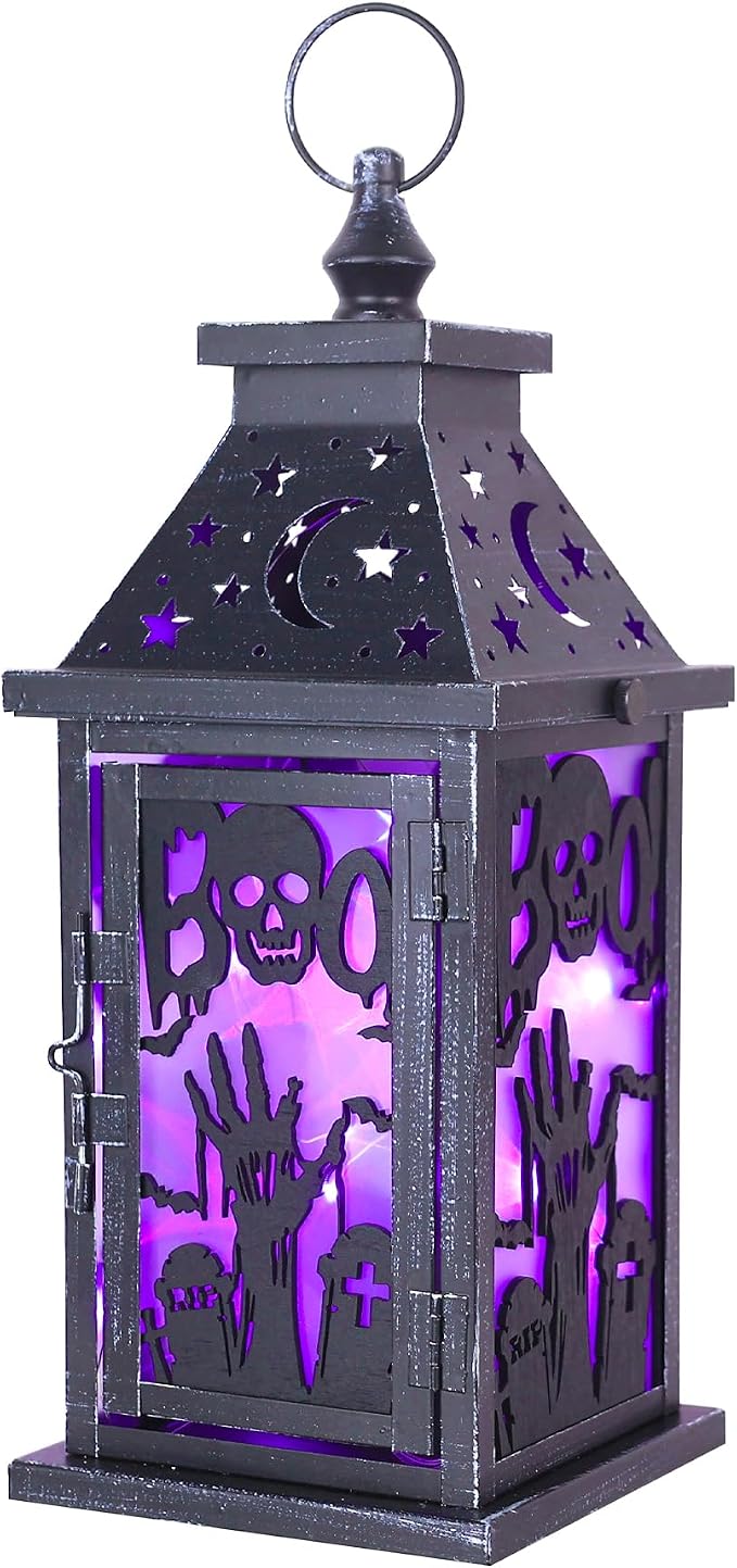 Halloween Decorations Indoor, 14.9″ Decorative Graves&Skeleton Hands Lantern with 82″ LED Lights(8 Modes; No Battery), Hanging Spooky Halloween Lanterns, Outdoor Home Room Door Party Decor