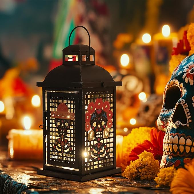 Dia de Los Muertos Decorations, Day of the Dead Decor, DECORKEY 13.4’’ Decorative Skull Men & Women Candle Lantern with 60″ Lights, Metal Black Lantern for Ofrenda Altar Table Fireplace Mantel bar