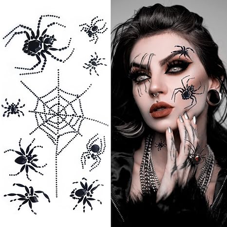 Halloween Spider Face Gems Jewels Tattoos Spider Web Rhinestones Crystal Face Gems Stick on Jewels Temporary Tattoo Stickers Face Body Makeup for Halloween Cosplay Festival Rave Party (Black) - skull sticker