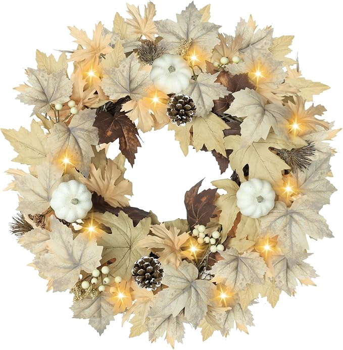 Realistic Fall Wreath with Lights, 22" Fall Wreaths for Front Door with Pumpkins Fall Leaves Berries Pine Cones,Autumn Wreath Fall Decorations for Home Thanksgiving Halloween Decorations for Wall Door - skull wreath