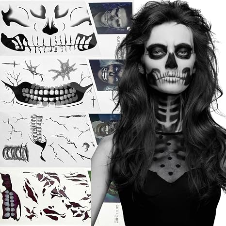 Fake Zombie Skull Mouth Face Tattoos for Women Men Halloween Makeup, Day of the Dead Fake Wound Scars Witch Temporary Tattoos Sticker for Halloween Cosplay Party 4 Sheets - sugar skull makeup