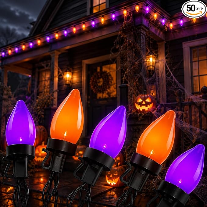 Abeja Halloween String Lights Outdoor, 26Ft C7 Purple and Orange String Lights with 50 LED Purple/Orange Ligths for Indoor/Outdoor Use, Halloween Decorations for Patio Home Party Garden Yard - string light