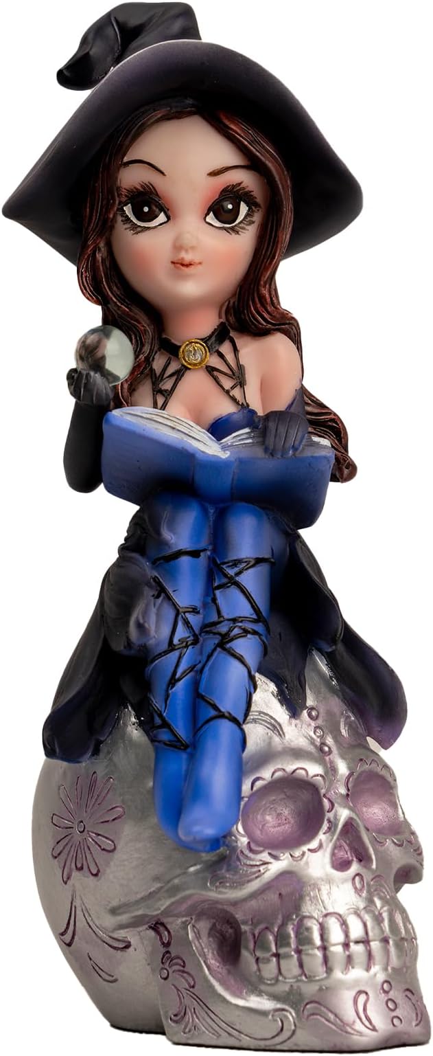 Mystical Blue Witch Resin Statue on Sugar Skull - Gothic Witchcraft Decor, Fantasy Collectible Figurine with Spell Book & Crystal Ball, Unique Halloween/Party Decoration for Home & Office - skull figurine