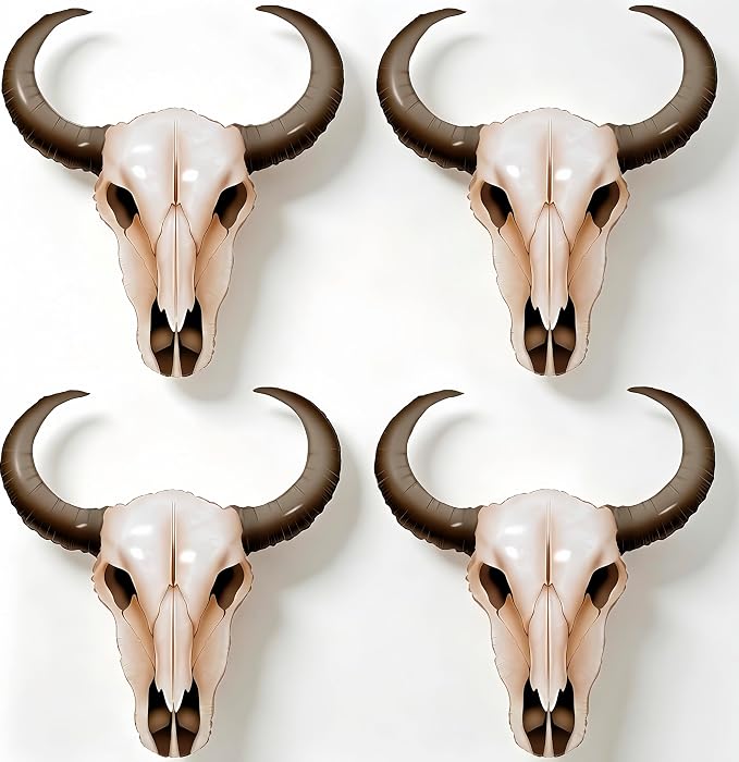 4Pcs Western Long Horn Cow Balloons/37Inch Cowboy Longhorn Aluminium Foil Balloon for Party Wall/Last Rodeo Bachelorette Party Supplies/Western Party Decorations/Bull Skull Wall Decor - skull inflatable