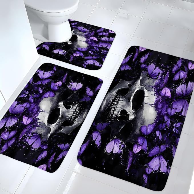 Gothic Skull Bath Mat Set 3 Piece Purple Butterfly Grey Black Skeleton Horror Witchcraft Halloween Mysterious Art Bathroom Rug Soft Memory Foam and U-Shaped Mats - skull carpet