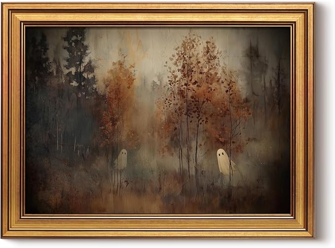 WHASAYART Gold Framed Wall Art for Living Room, Ghosts in the Forest Painting Prints, Vintage Halloween Wall Decor for Kitchen, Autumn Gothic Bedroom Wall Art for Home Office Hide-And-Seek 16L x 12W