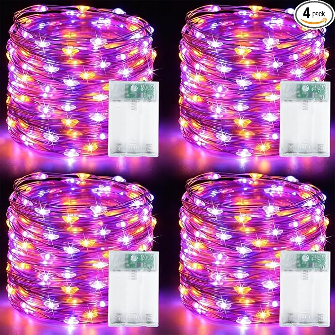 4Pack 60LED Fairy Lights Battery Operated Orange and Purple Halloween Decor - string light