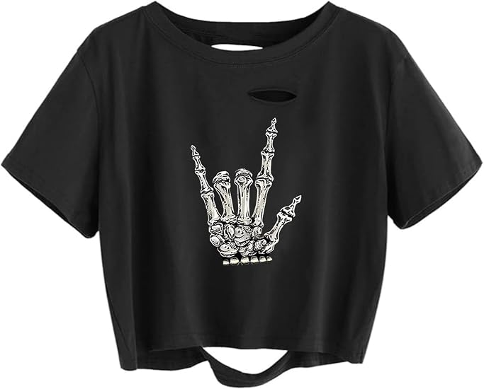 Womens Graphic Oversized Crop Tops Loose Cropped Distressed Tshirt Short-Sleeve Vintage Boxy Tee Shirts - skull tshirt