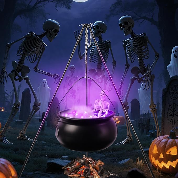 Halloween Decorations Outdoor, Large Witch Cauldron, Halloween Decor, with Large Tripod/Purple Lights/Cotton/40CM Skull, Witch Cauldron Magic Candy Bucket Decoration, for Porch Outdoor Party - string light