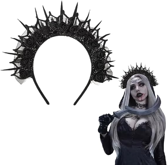 Halloween Flower Crown Headband Black Rose Floral Halo Hair Band Gothic Horror Headwear Day of the Dead Headpiece for Halloween Masquerade Cosplay Costume Accessories - skull headband