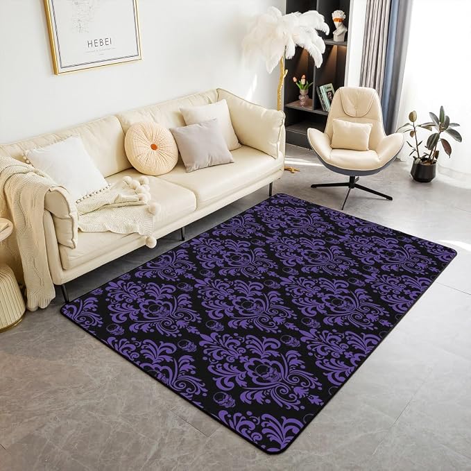 jejeloiu Purple Damask Gothic Area Rug Bedroom Living Room 3x5 Boys Girls - skull carpet