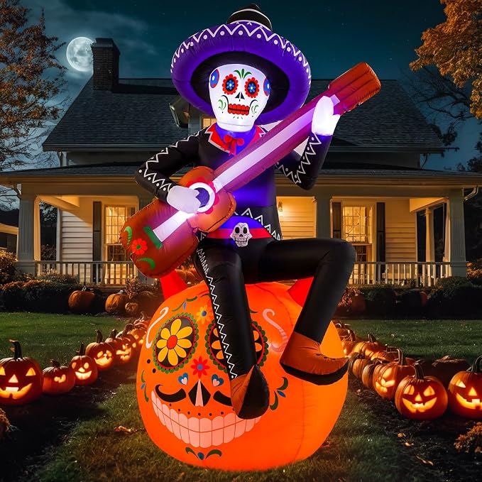 WINTS 8 FT Halloween Inflatables,Pumpkin Sugar Skull Guitar Inflatable Decorations,Dia de Los Muertos Day of the Dead Skeleton Blow Up Inflatable Decor with Built-in LED Lights for Outdoor Lawn Garden