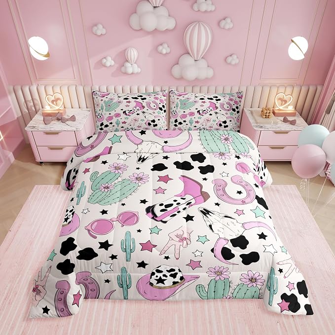 Erosebridal Western Bull Skull Twin Bedding Set,Pink Cowgirl Boot Comforter Set for Girls Kids Teen,Cow Print Horseshoe Comforter,Wild West Cactus Bedroom Room Decor,1 Pillowcase Breathable - sugar skull boots