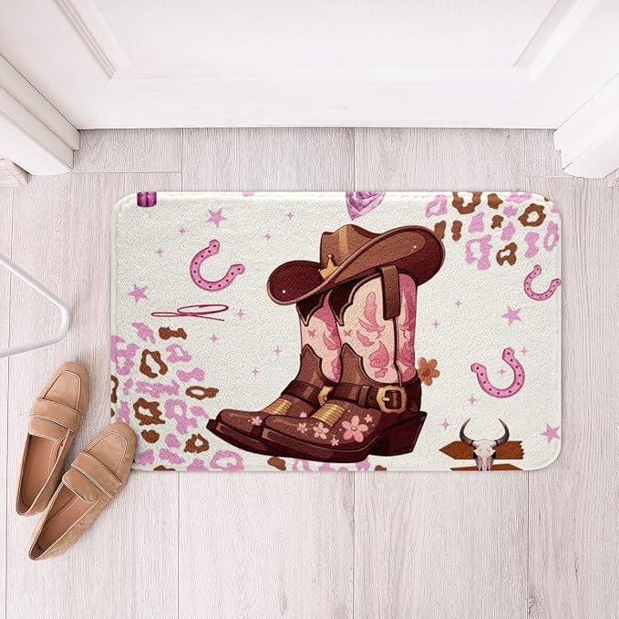 Erosebridal Cowgirl Boot Hat Bath Mat,Pink Milk Cow Print Bathroom Rug Set for Girls Kids Women,Western Horseshoe Bull Skull Bath Rug 20"x32",Country Doormat Non Slip Bathroom Decor for Home - skull toilet mat