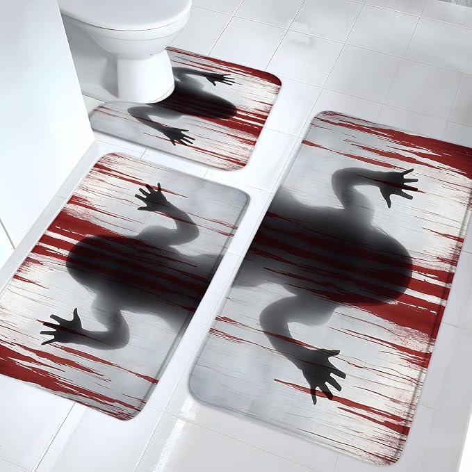 Halloween Bath Mat Set 3 Piece Horror Ghosts Red Bloody Scary Day of The Dead Spooky Bathroom Rug Soft Memory Foam and U-Shaped Mats - skull toilet mat
