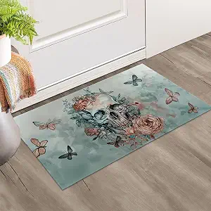 Romantic Gothic Skull Indoor Door Mat, Welcome Non Slip 17x29.5 in Doormat for Office, Porch, Kitchen, Bedroom, Indoor Entrance Non-Woven Fabric Floor Mat Rug for Home Decor Gifts - skull floor mat