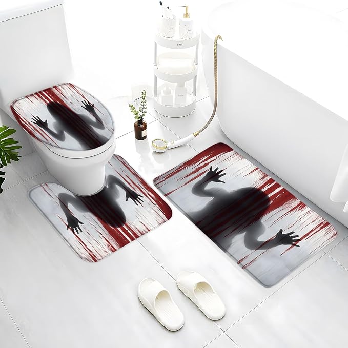 Halloween Bath Mat 3 Piece Horror Ghosts Red Bloody Scary Day of The Dead Spooky Bathroom Rug Set Tub Toilet Mats and U-Shaped Mat - skull toilet mat