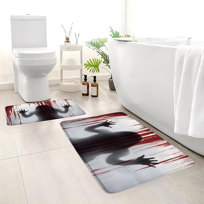 2Pcs Halloween Bath Mat Horror Ghosts Red Bloody Scary Day of The Dead Spooky Bathroom Rug Bedroom Kitchen Toilet Floors 45X75+60X90 Inch - skull toilet mat