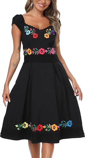 YZXDORWJ Mexican Dress for Women Embroidered Off Shoulder Peasant Cotton Dress Boho Outfit - sugar skull dress
