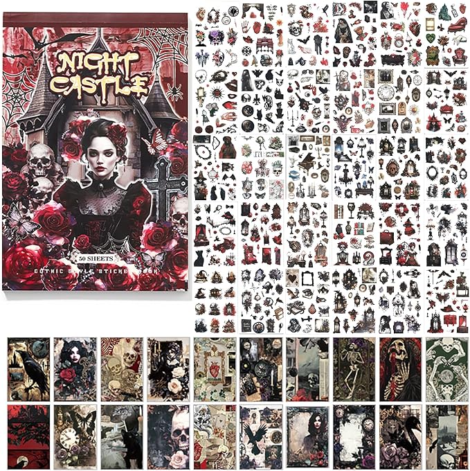Dark Aesthetic Gothic Stickers 400 Pre-Cut Washi Stickers 20 Scrapbook Papers Horror Decals for Junk Journal Collage DIY Crafts Halloween Scrapbooking Sticker - skull sticker