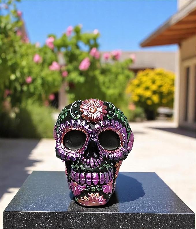 Day of the Dead Skull Smoking Ashtray – 3.75" Metallic Polyresin - sugar skull ornament