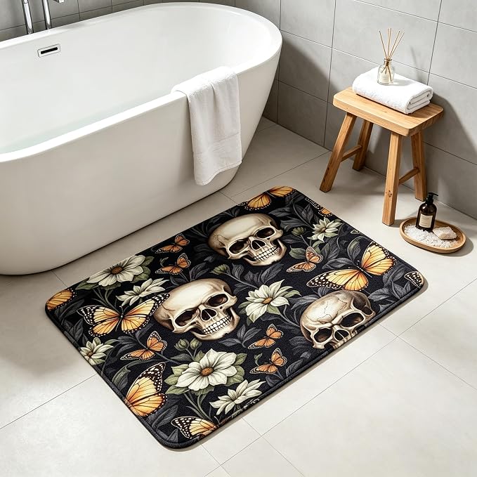 Gothic Skull Floral Bath Mat, Memory Foam, 17.5 x 29.5 - skull toilet mat