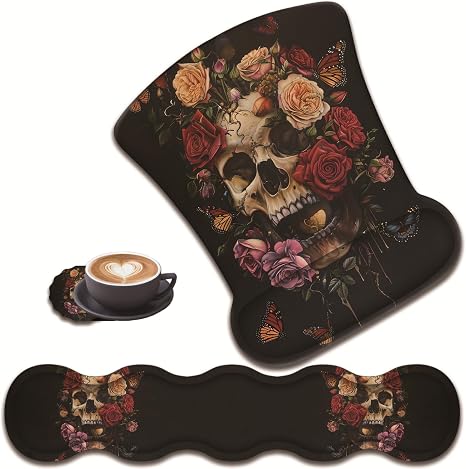 3 in 1 Keyboard Wrist Rest + Mouse Pad and Coaster, Ergonomic Gel Mouse Pad and Keyboard Pad Set, Comfortable Lightweight for Easy Typing Pain Relie, Butterflies, Roses and Skull - skull coaster