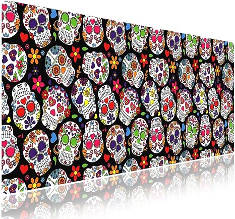 Sugar Skull Vibrant Floral Large Mouse Pad, Day of The Dead Black Desk Mat - skull floor mat