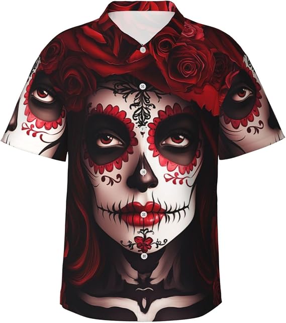 Men's Mexico-Women-Sugar-Skull Casual Short Sleeve Hawaiian Shirt, Button Down Beach Shirt - skull tshirt