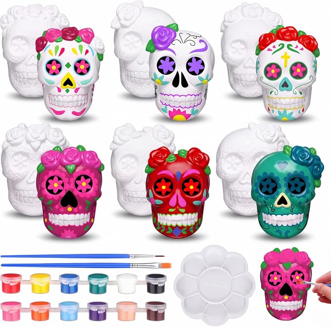 Eersida 6 Sets Halloween Sugar Skull Ceramic to Paint Crafts DIY
